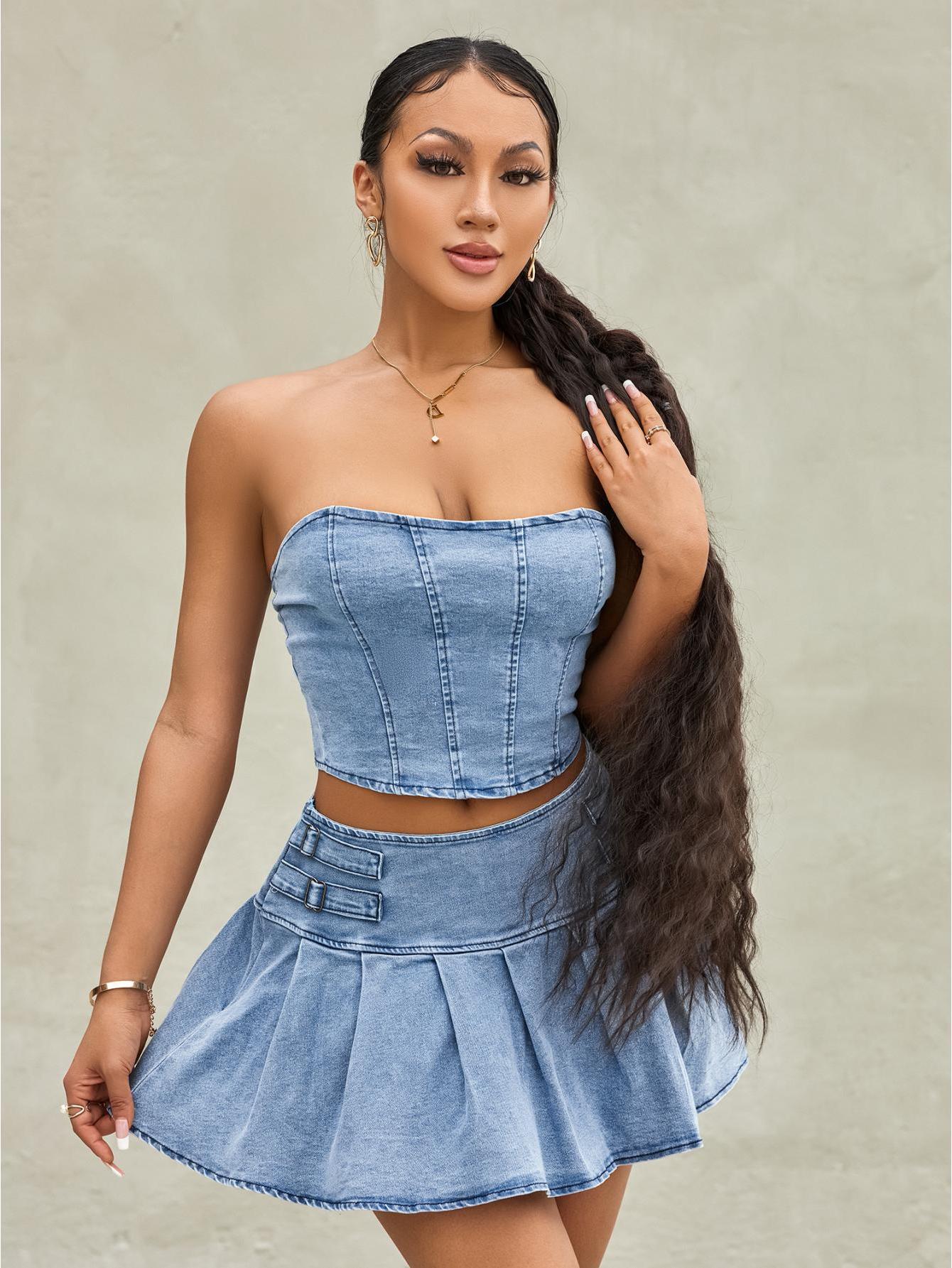 Women's Summer 2 Piece Set Outfit, Plain Washed Blue Zipper Back Bandeau & High Rise Pleated Mini Denim Skirt MyFave Boutique