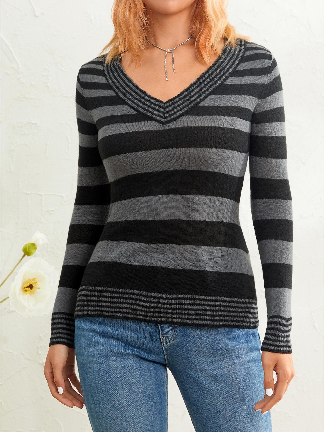 Knit Sweater for Women's Autumn Slim Knitwear Long Sleeve V Neck Striped Knit Tops Sweater MyFave Boutique