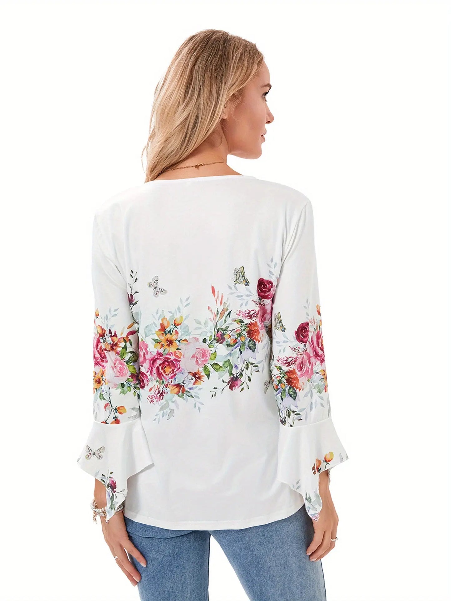 Women's Spring Floral Loose Blouse - 3/4 Sleeve V-Neck Button Up Top MyFave Boutique