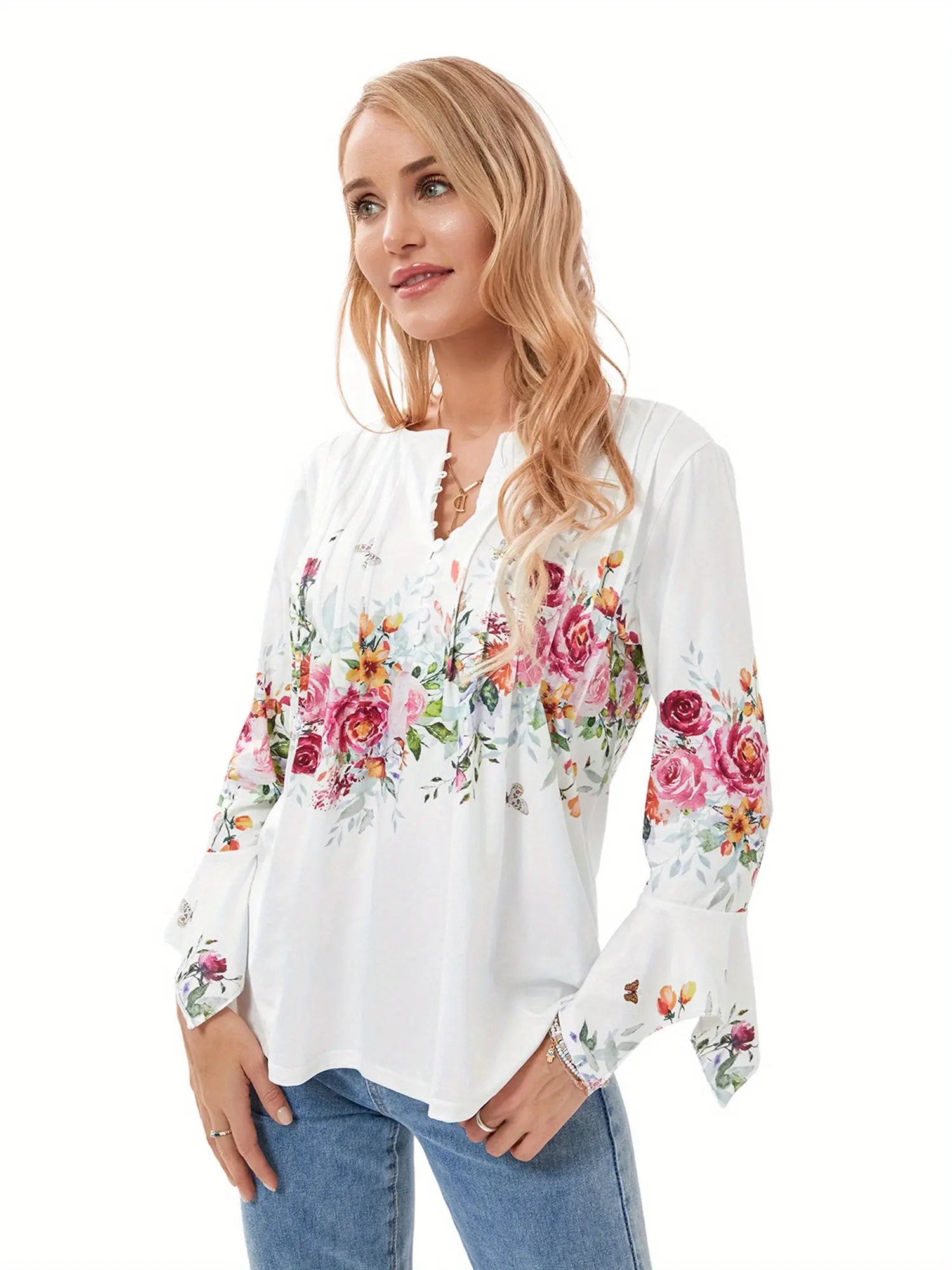 Women's Spring Floral Loose Blouse - 3/4 Sleeve V-Neck Button Up Top MyFave Boutique