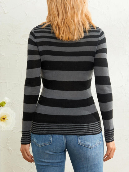 Knit Sweater for Women's Autumn Slim Knitwear Long Sleeve V Neck Striped Knit Tops Sweater MyFave Boutique