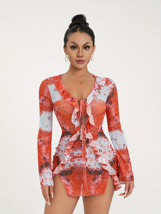 Women Mini Dress Long Sleeve Lacing Tie-dye Print Patchwork Slit Bodycon Dress for Club Party MyFave Boutique