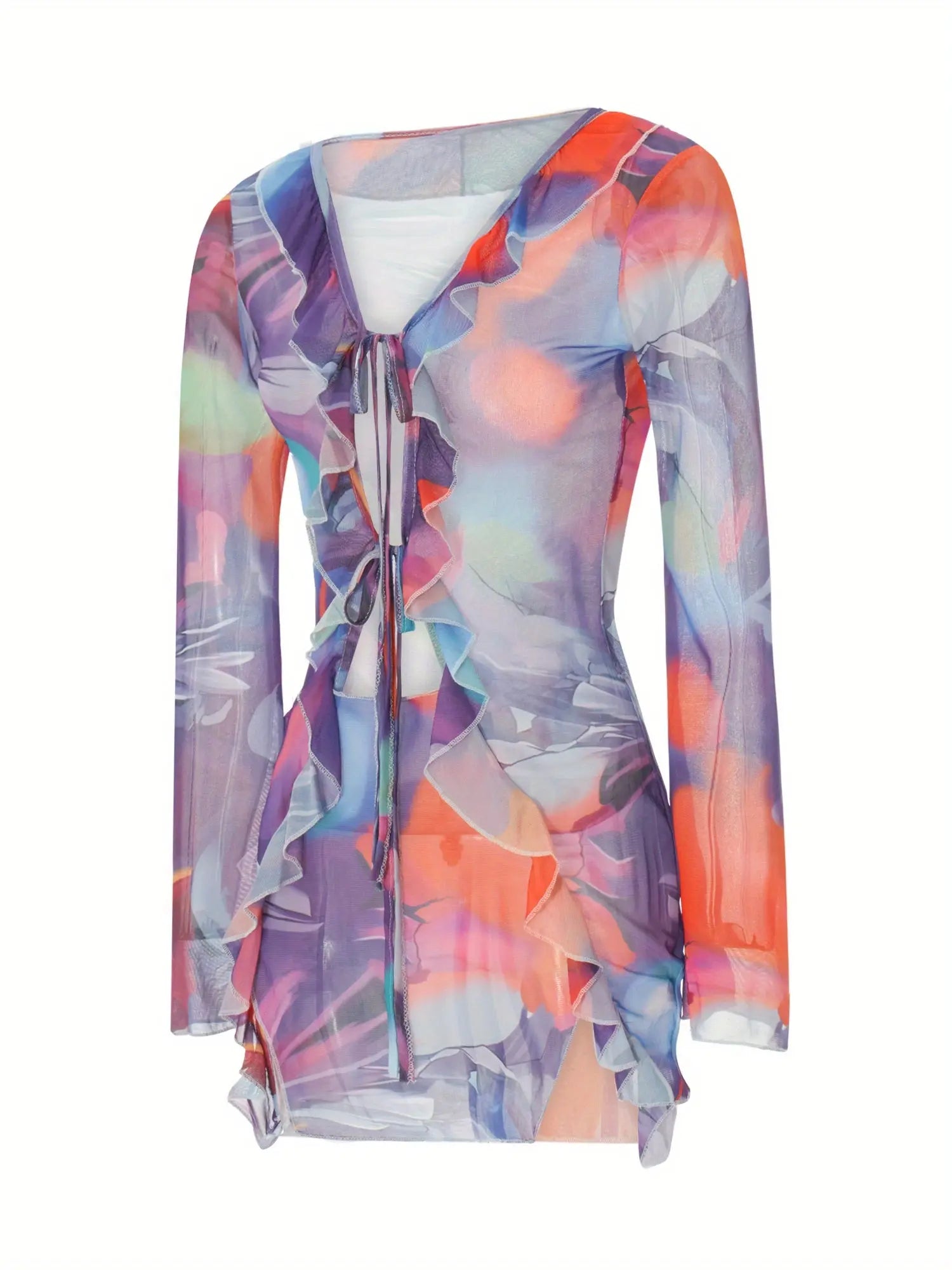 Women Mini Dress Long Sleeve Lacing Tie-dye Print Patchwork Slit Bodycon Dress for Club Party MyFave Boutique