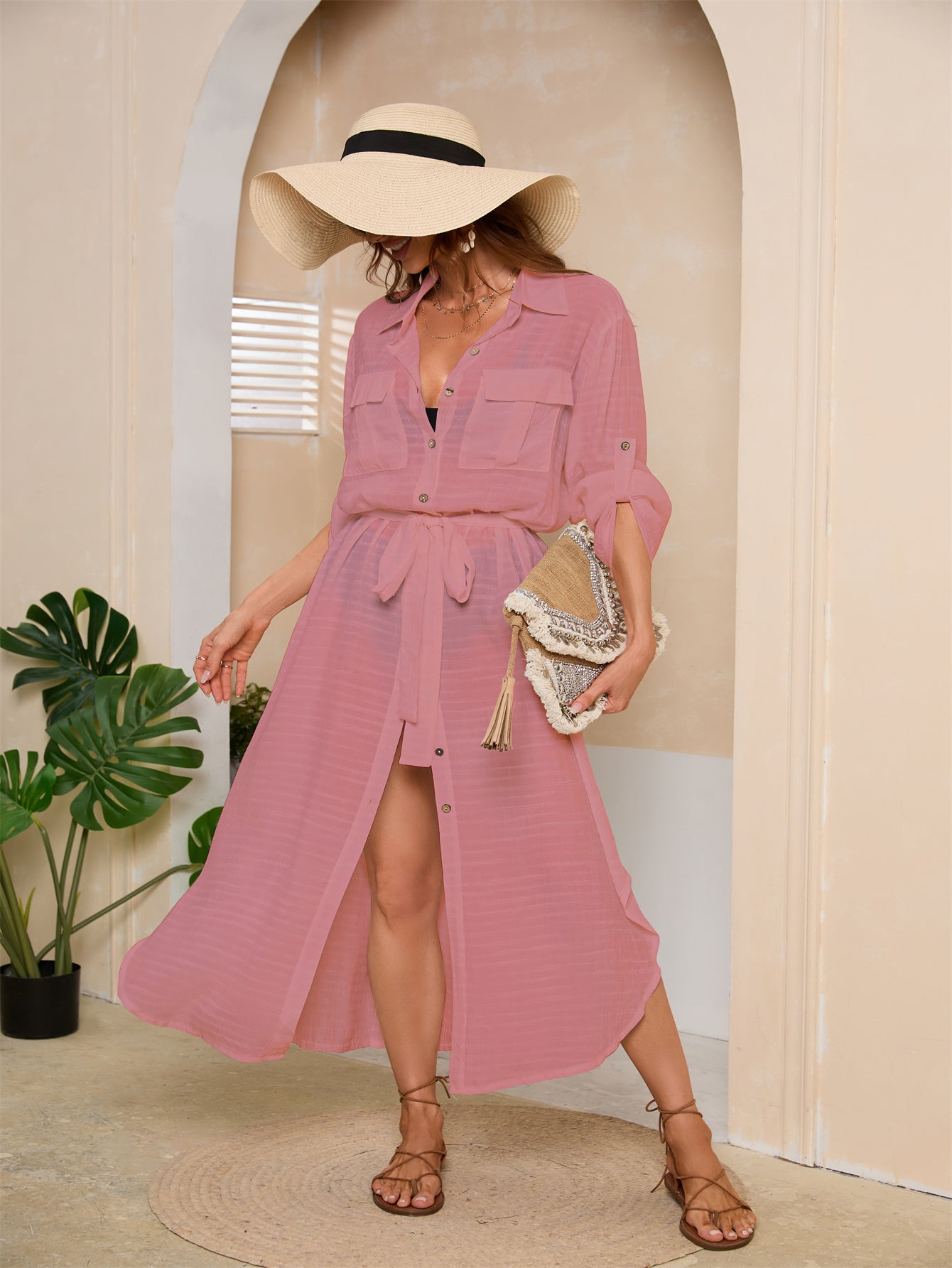 Single Breasted Belted Cover Up, Vacation Style Long Sleeve Shirt Dress For Spring & Summer, Women's Clothing MyFave Boutique