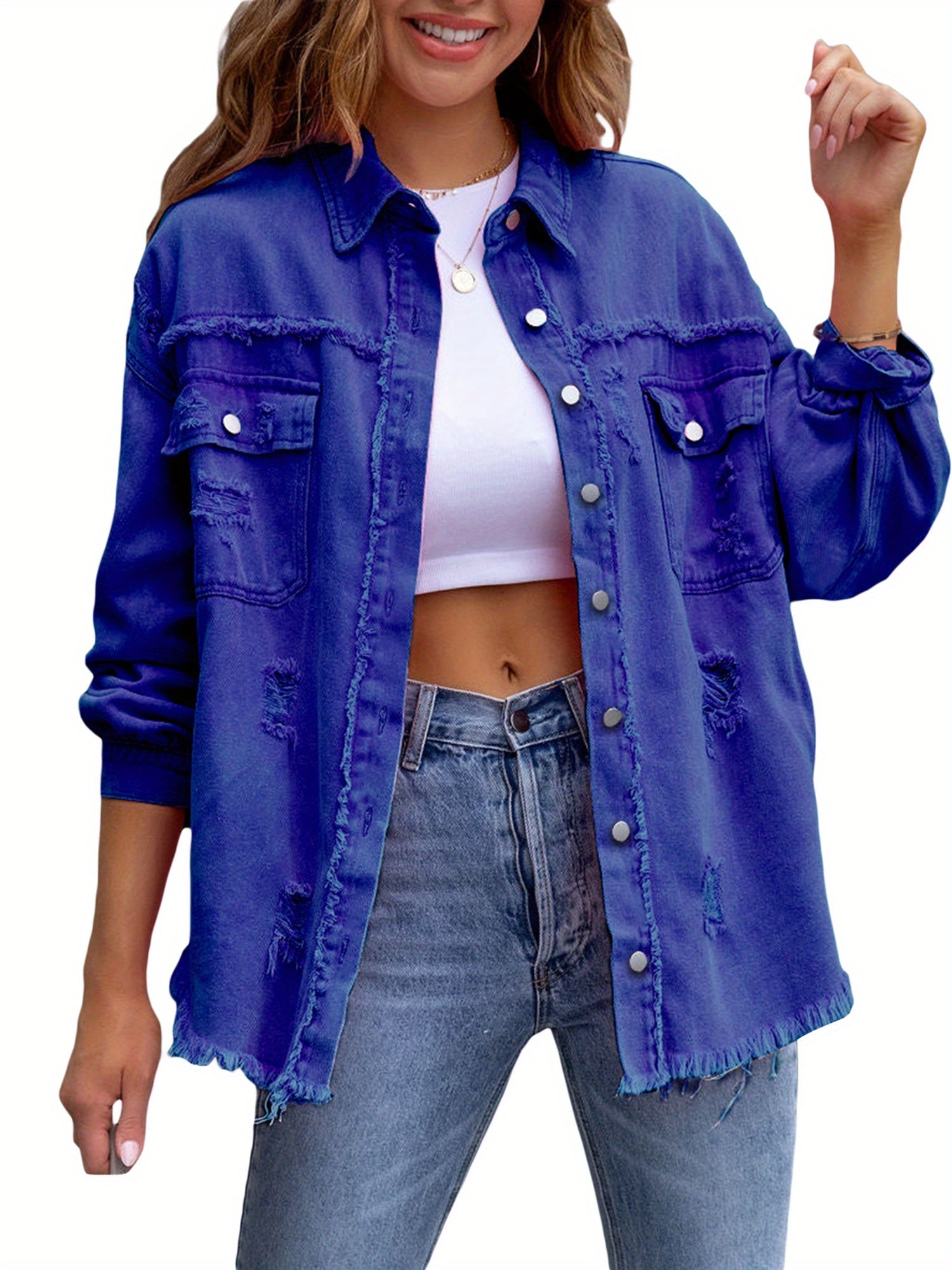 Women's Ripped Distressed Denim Jacket Long Sleeve Button Down Boyfriend Jean Coat Trucker Jacket MyFave Boutique