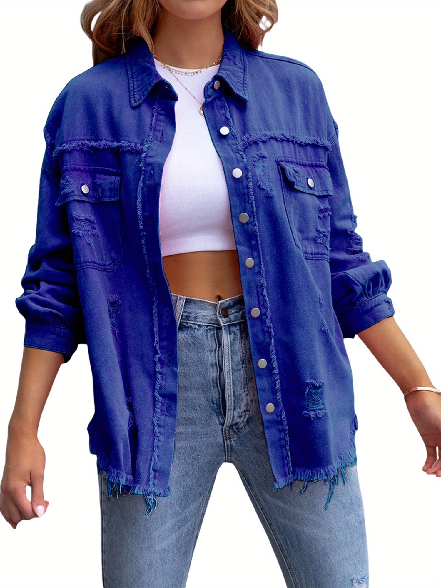 Women's Ripped Distressed Denim Jacket Long Sleeve Button Down Boyfriend Jean Coat Trucker Jacket MyFave Boutique