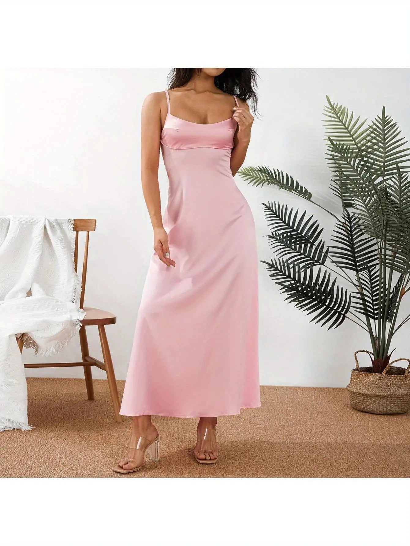 Women's Silky Slip Dress - Elegant Leisure Style, Solid Color, V-neck, Sleeveless, Backless, Slim Fit, Long Dress MyFave Boutique