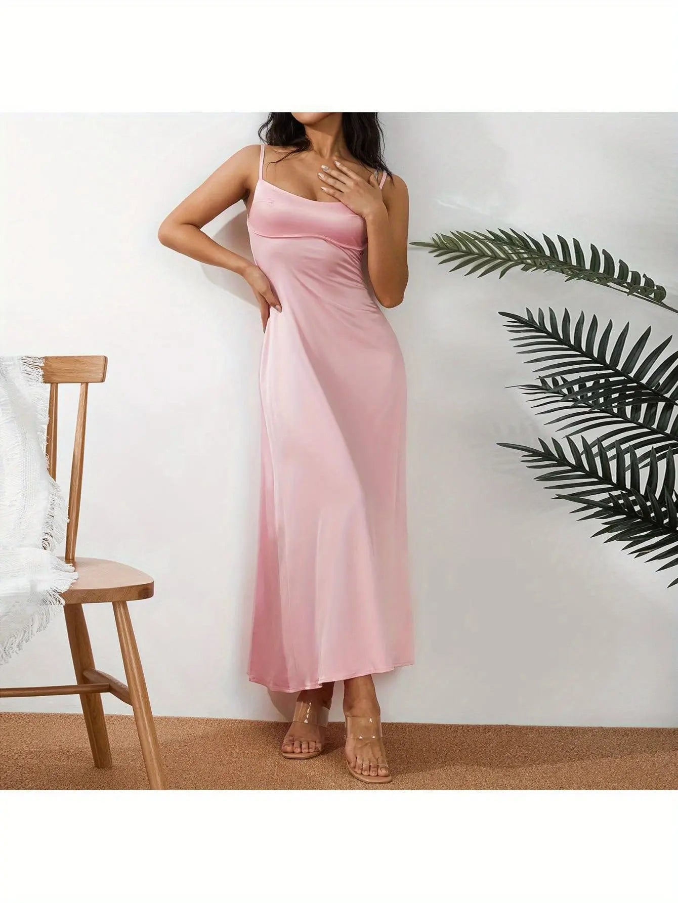 Women's Silky Slip Dress - Elegant Leisure Style, Solid Color, V-neck, Sleeveless, Backless, Slim Fit, Long Dress MyFave Boutique