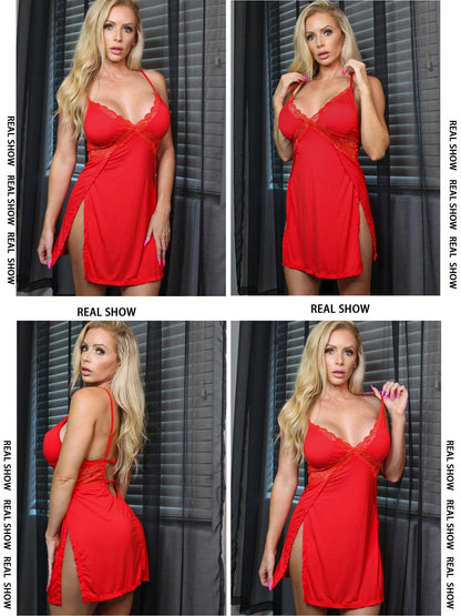 Women's Sultry Lace Chemise Nightgown - Modal Babydoll with Side Slit Sleepwear MyFave Boutique