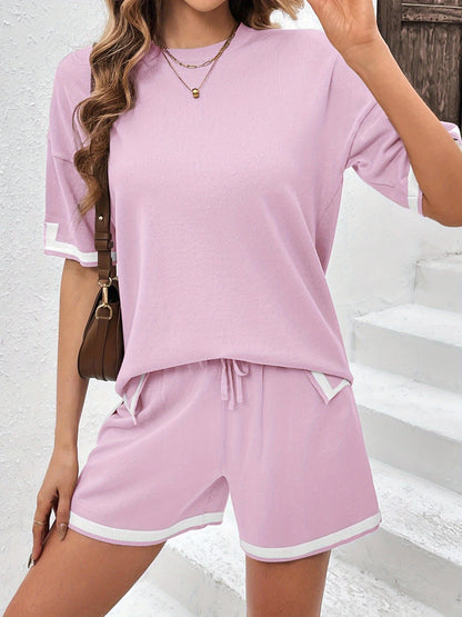 Plus Sizes Pajamas Set Womens 2 Piece Knit Loungewear Short Sleeve Sweater Sets Pullover Tops with Chest Pockets Drawstring Wide Leg Shorts Lounge Sets Comfortable and Lightweight Sweatsuit Crew Neck Casual Super soft Outfits Pjs Set for Women S-XXL MyFave Boutique