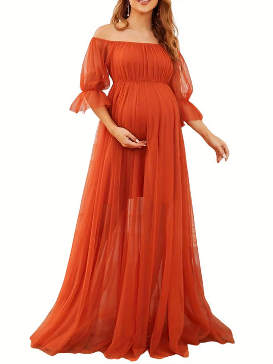 Women's Long Maternity Dress Off Shoulder Short Sleeve Tulle Gown Pregnancy Dress for Photoshoot MyFave Boutique