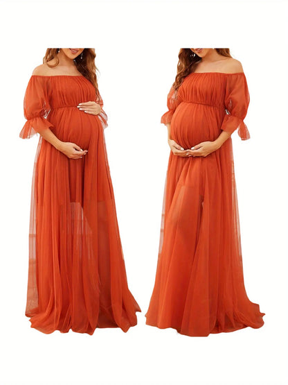 Women's Long Maternity Dress Off Shoulder Short Sleeve Tulle Gown Pregnancy Dress for Photoshoot MyFave Boutique