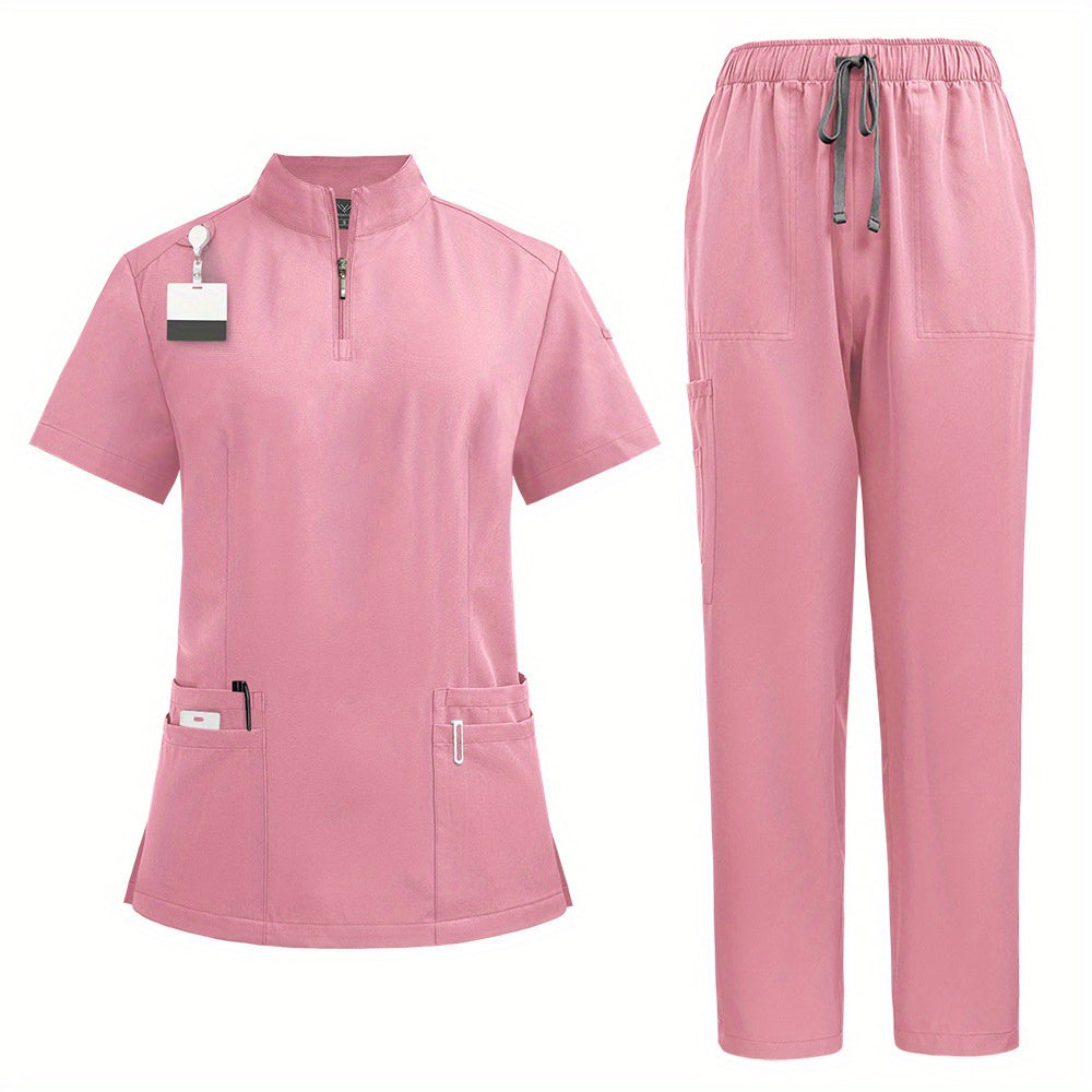 Women's Frosted Polyester Zip-Front Scrubs Set with Stand-Up Collar and Patch Pockets, Loose-Fit Nurse Uniform for Hospital Work MyFave Boutique