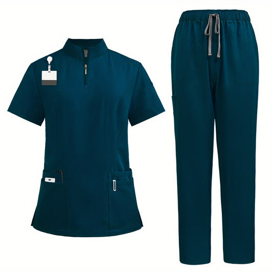 Women's Frosted Polyester Zip-Front Scrubs Set with Stand-Up Collar and Patch Pockets, Loose-Fit Nurse Uniform for Hospital Work MyFave Boutique