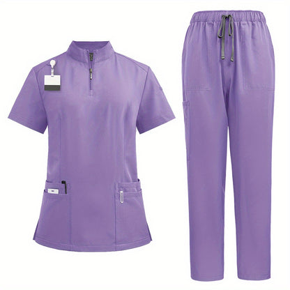 Women's Frosted Polyester Zip-Front Scrubs Set with Stand-Up Collar and Patch Pockets, Loose-Fit Nurse Uniform for Hospital Work MyFave Boutique