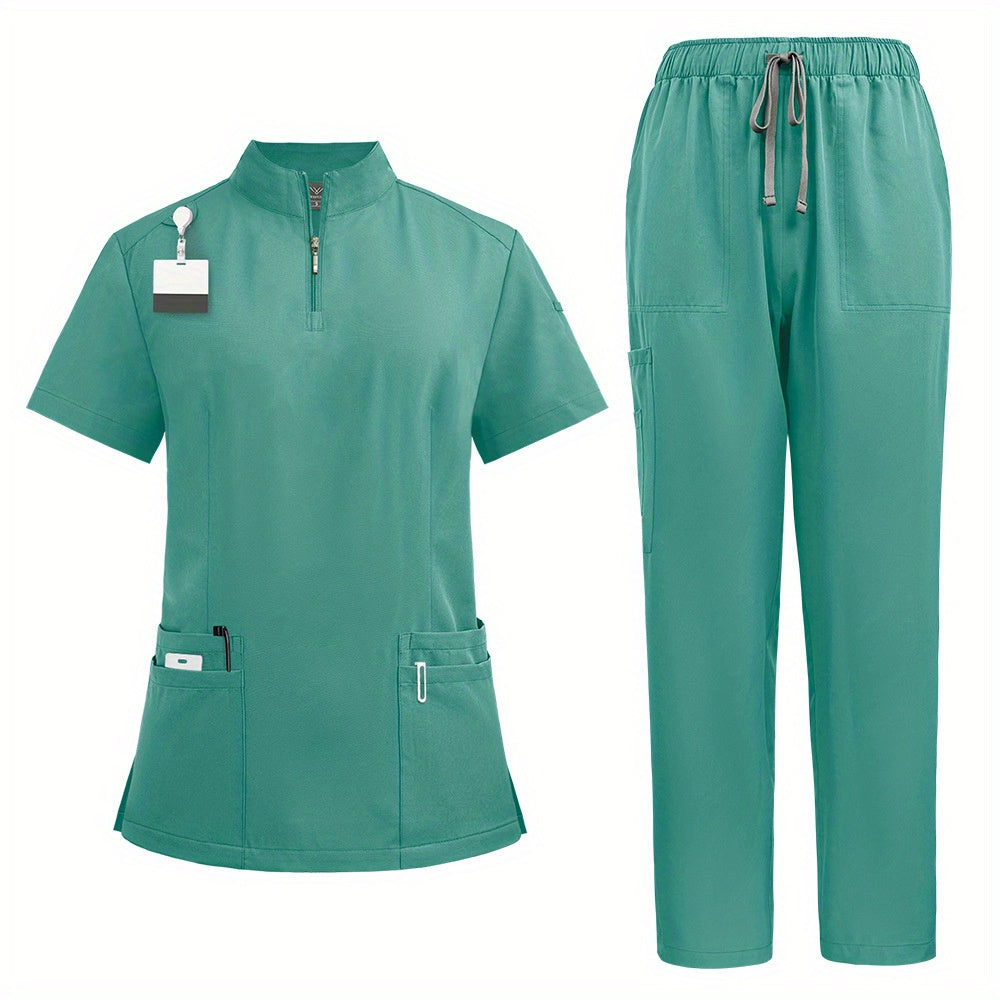 Women's Frosted Polyester Zip-Front Scrubs Set with Stand-Up Collar and Patch Pockets, Loose-Fit Nurse Uniform for Hospital Work MyFave Boutique