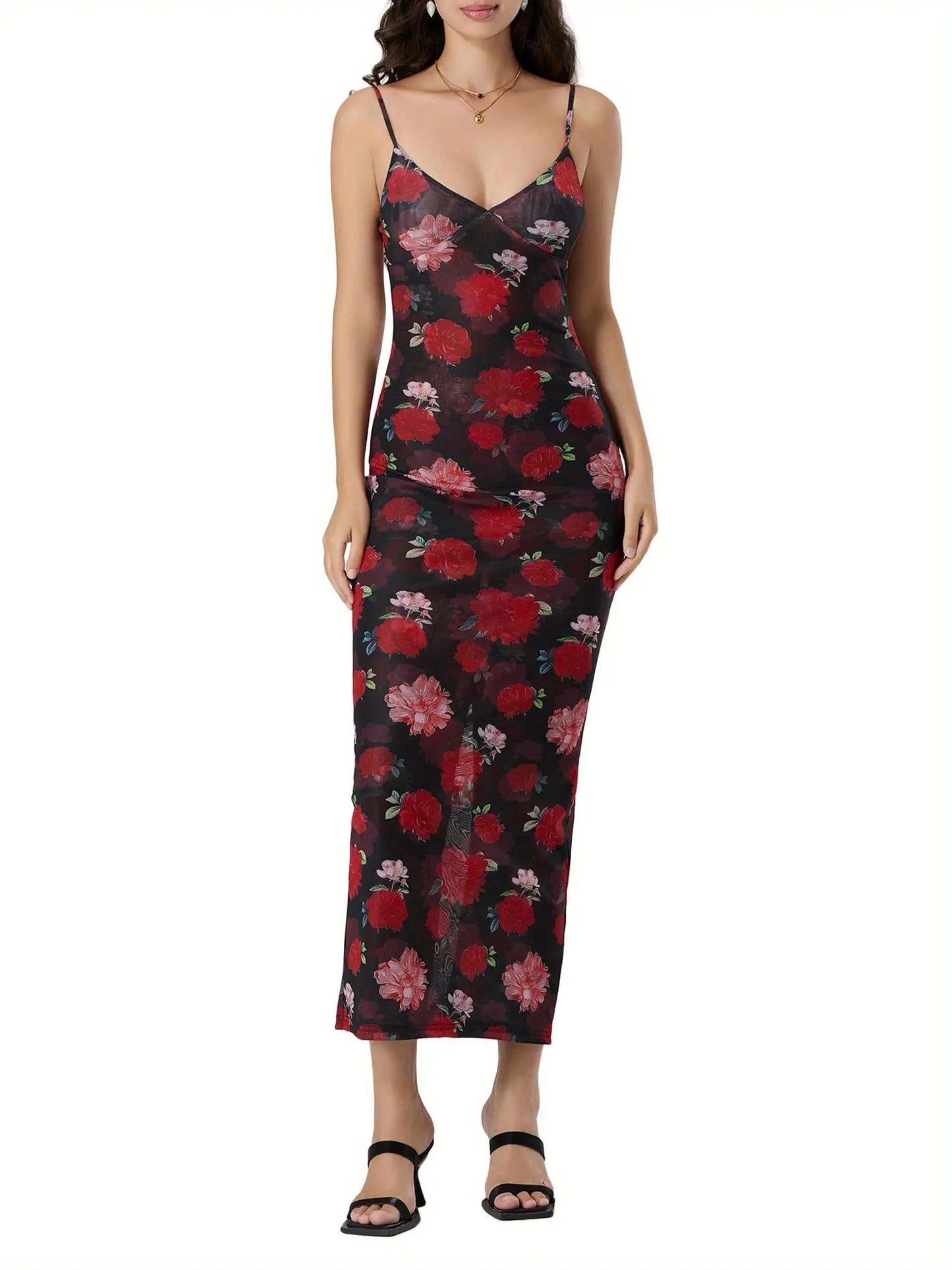 Women's Floral Print Sleeveless Spaghetti Strap V-Neck Backless Long Dress MyFave Boutique