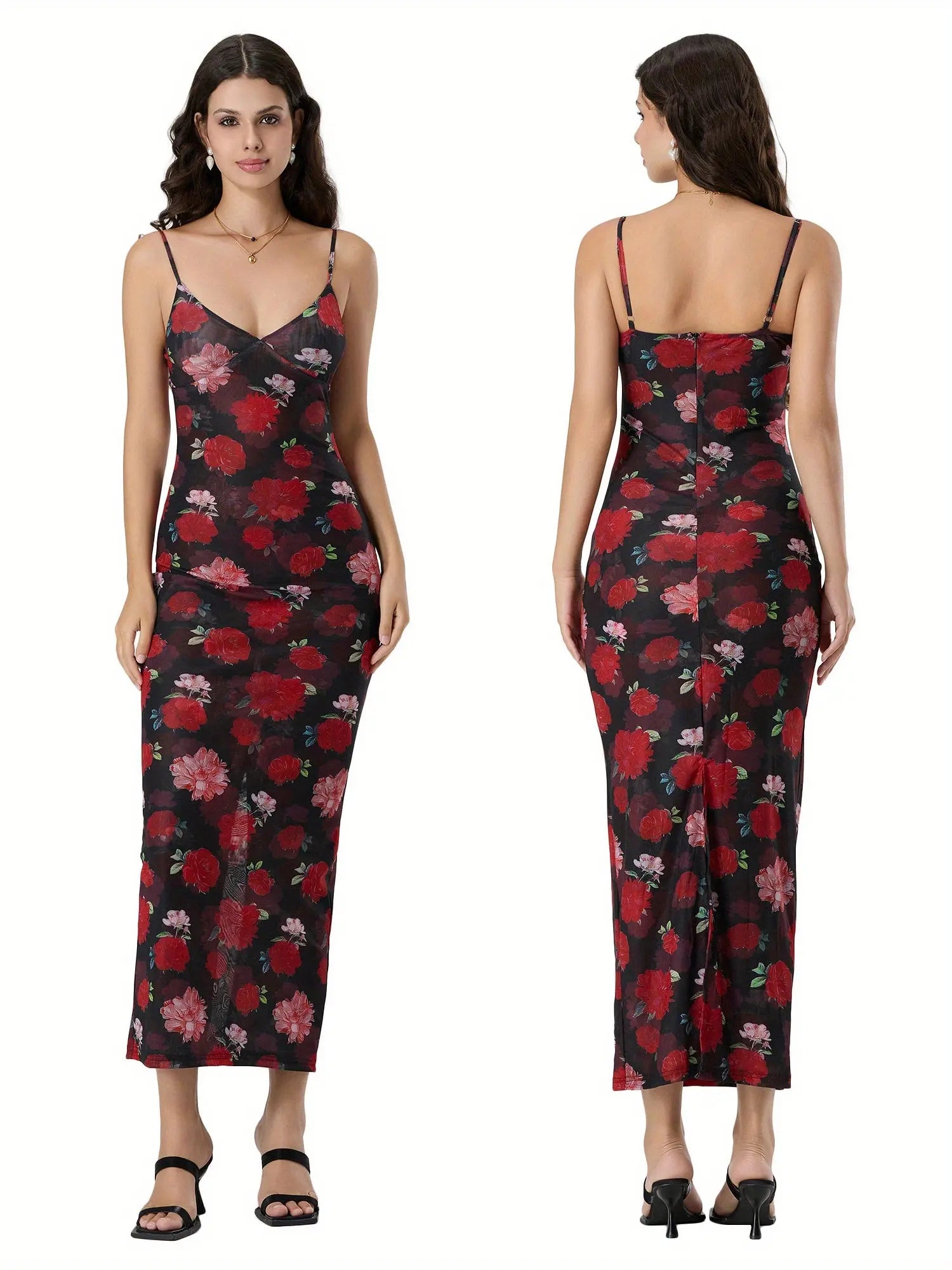 Women's Floral Print Sleeveless Spaghetti Strap V-Neck Backless Long Dress MyFave Boutique