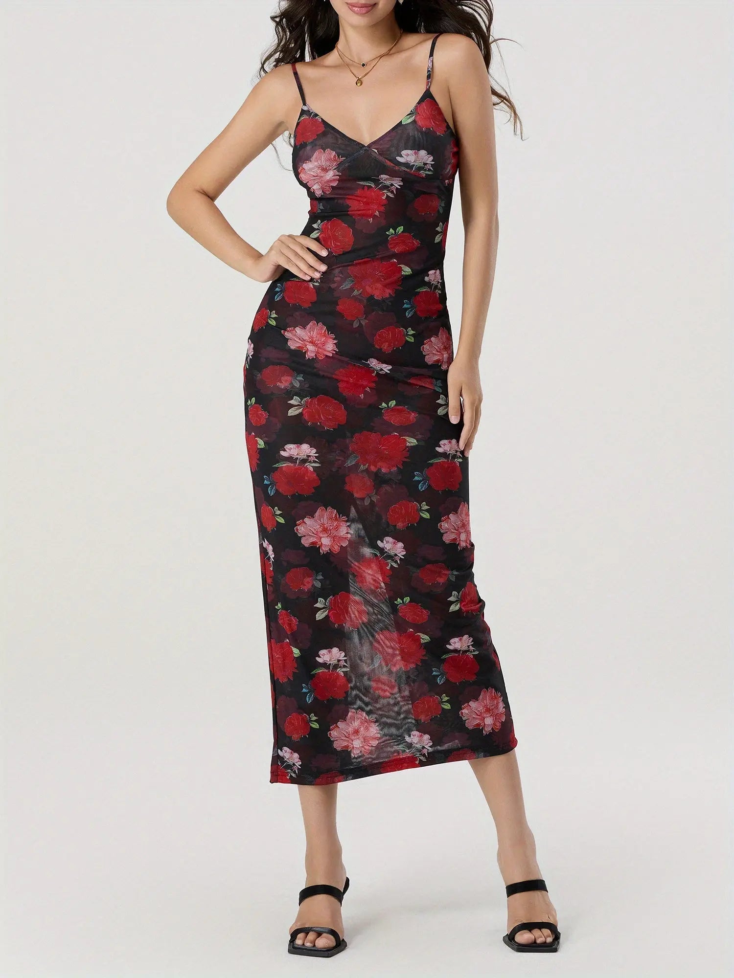 Women's Floral Print Sleeveless Spaghetti Strap V-Neck Backless Long Dress MyFave Boutique