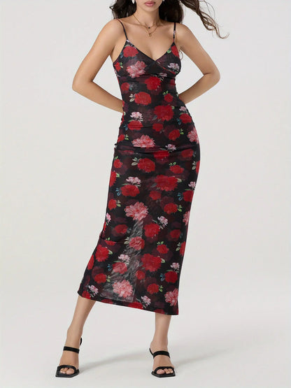 Women's Floral Print Sleeveless Spaghetti Strap V-Neck Backless Long Dress MyFave Boutique