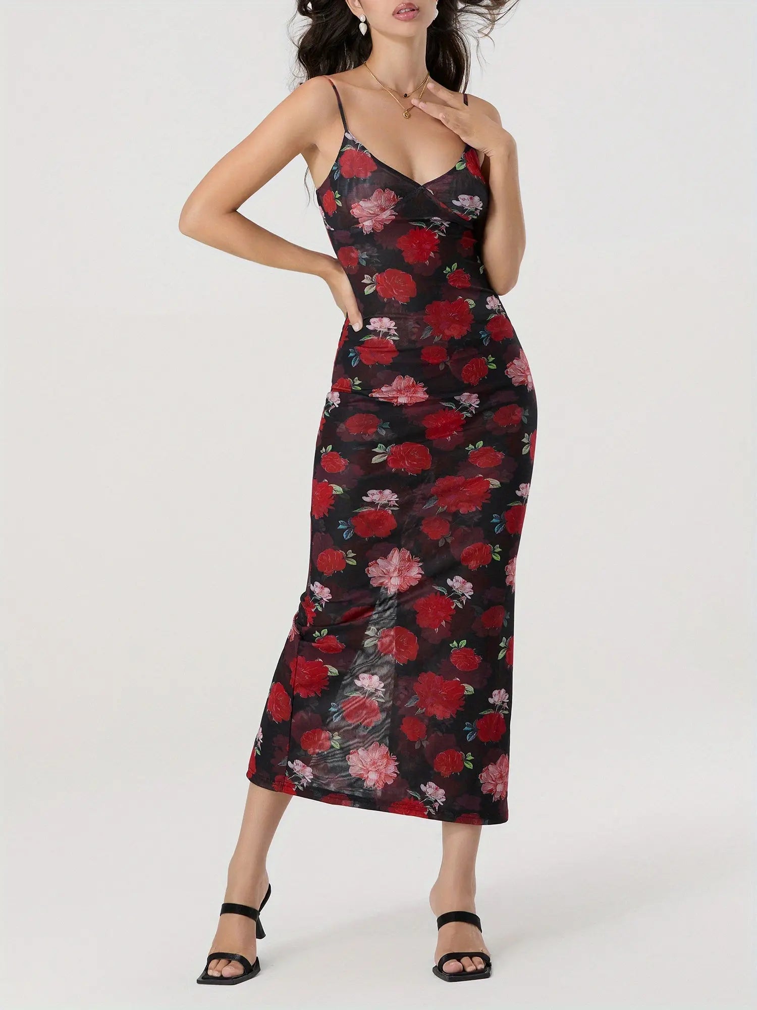 Women's Floral Print Sleeveless Spaghetti Strap V-Neck Backless Long Dress MyFave Boutique