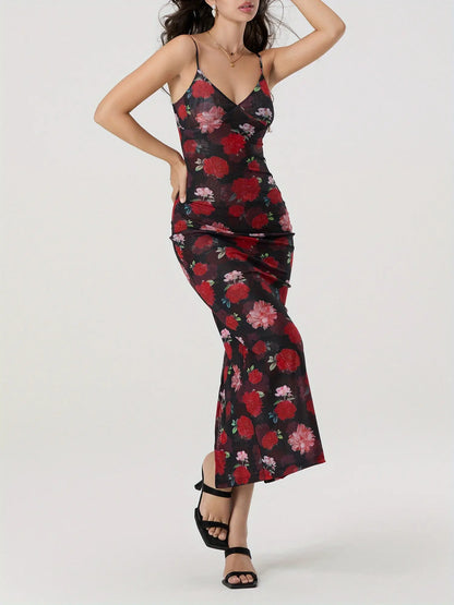 Women's Floral Print Sleeveless Spaghetti Strap V-Neck Backless Long Dress MyFave Boutique