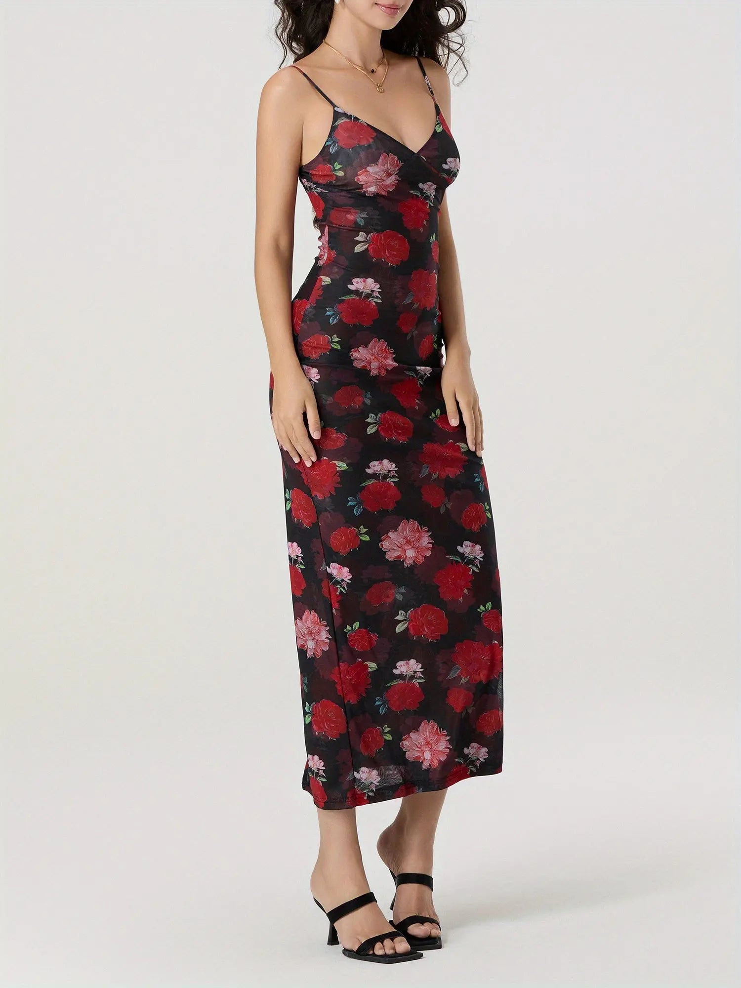 Women's Floral Print Sleeveless Spaghetti Strap V-Neck Backless Long Dress MyFave Boutique