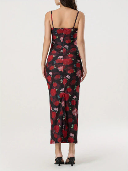 Women's Floral Print Sleeveless Spaghetti Strap V-Neck Backless Long Dress MyFave Boutique