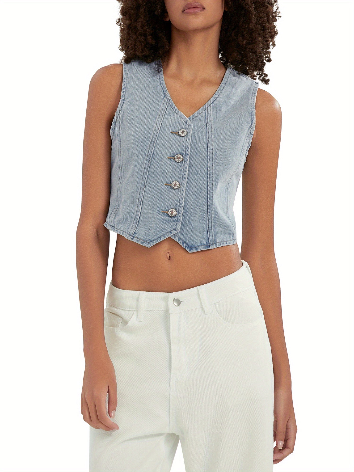 Women's Button-up Denim Vests V-Neck Sleeveless Jean Waistcoat Crop Jacket MyFave Boutique