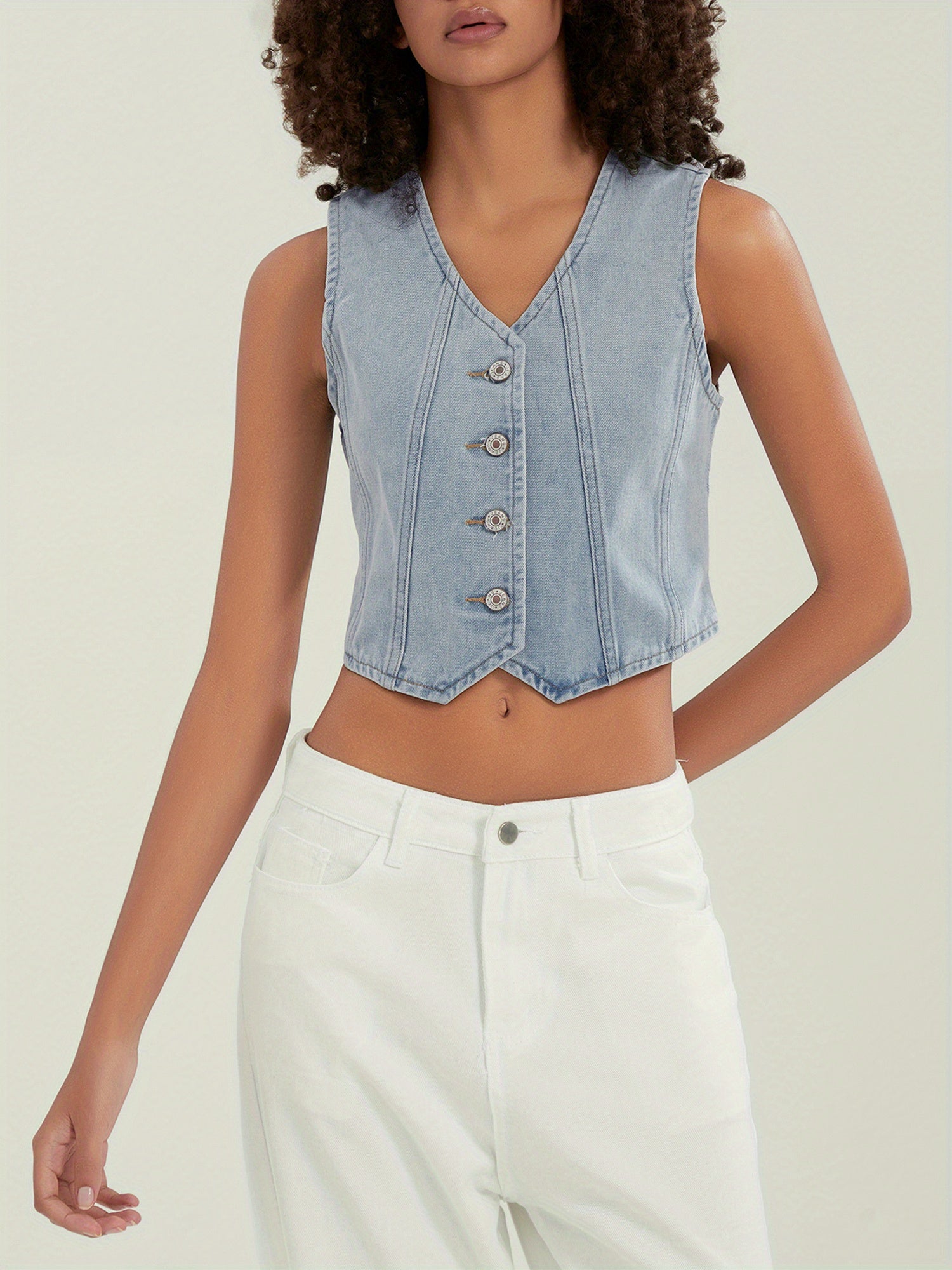 Women's Button-up Denim Vests V-Neck Sleeveless Jean Waistcoat Crop Jacket MyFave Boutique