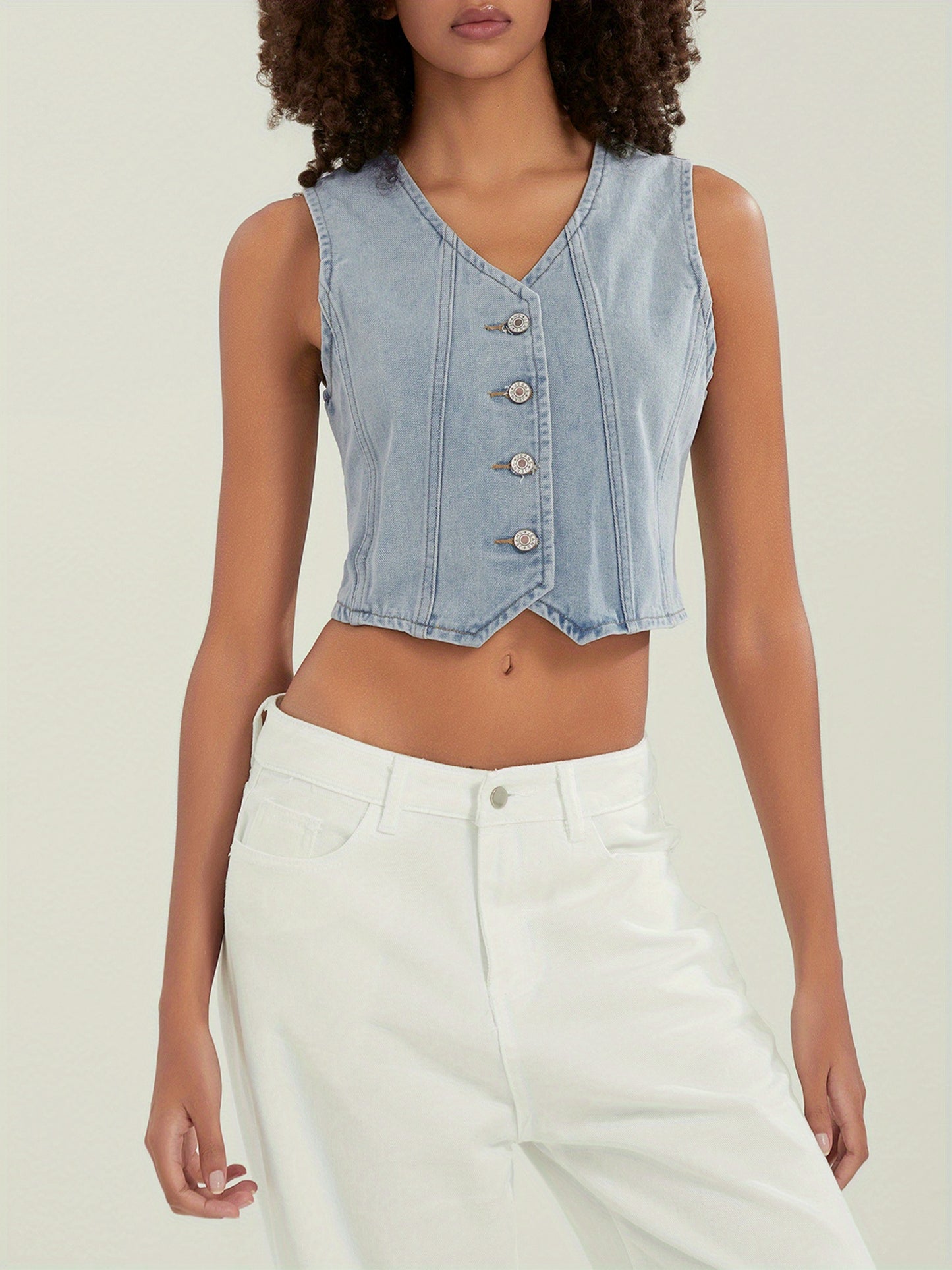 Women's Button-up Denim Vests V-Neck Sleeveless Jean Waistcoat Crop Jacket MyFave Boutique