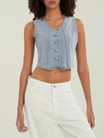 Women's Button-up Denim Vests V-Neck Sleeveless Jean Waistcoat Crop Jacket MyFave Boutique