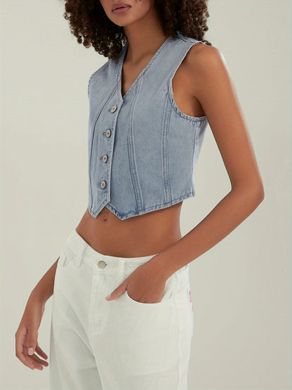 Women's Button-up Denim Vests V-Neck Sleeveless Jean Waistcoat Crop Jacket MyFave Boutique