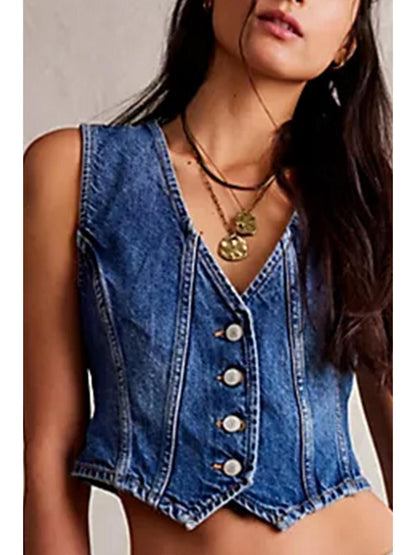 Women's Button-up Denim Vests V-Neck Sleeveless Jean Waistcoat Crop Jacket MyFave Boutique