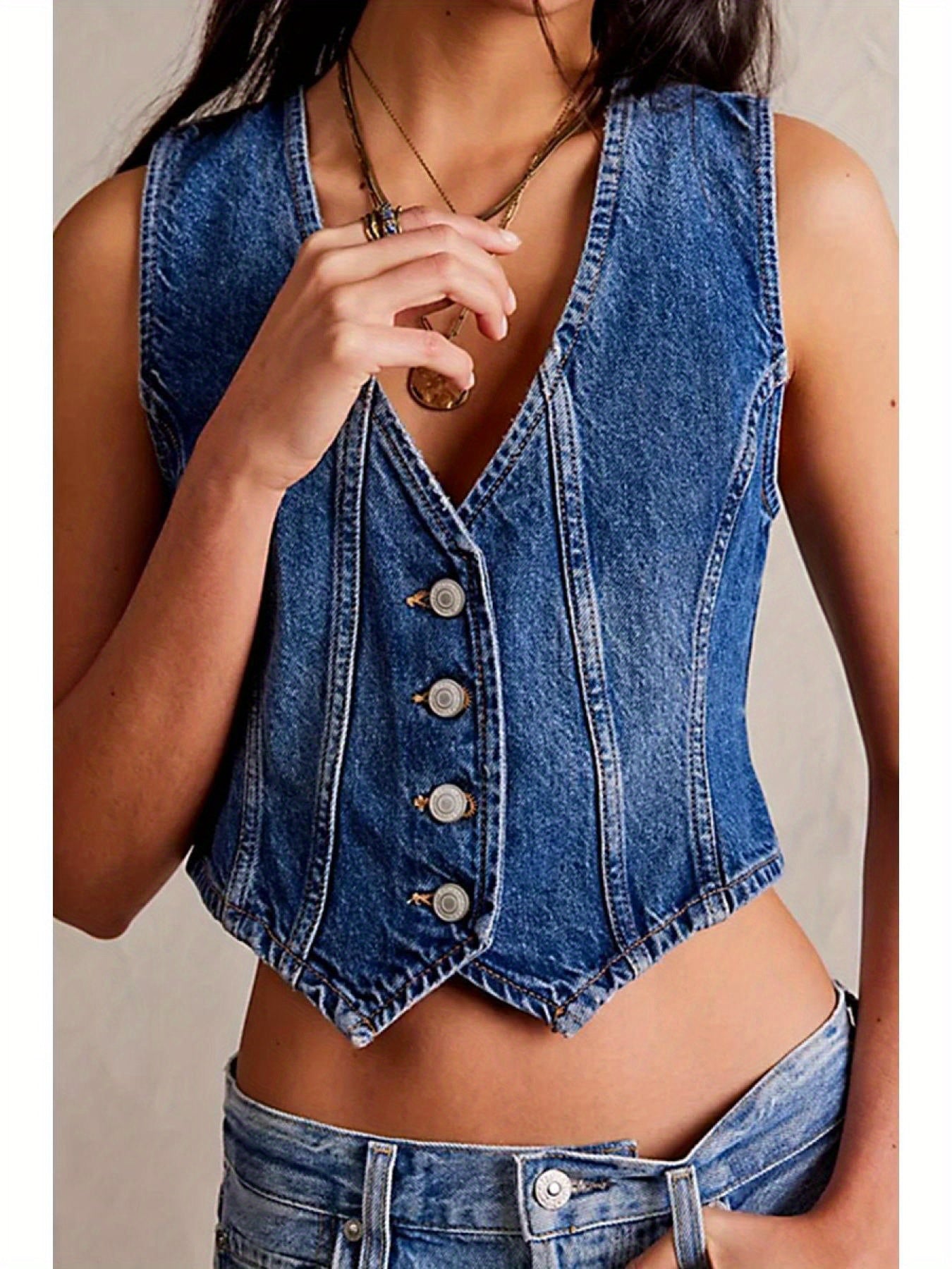 Women's Button-up Denim Vests V-Neck Sleeveless Jean Waistcoat Crop Jacket MyFave Boutique