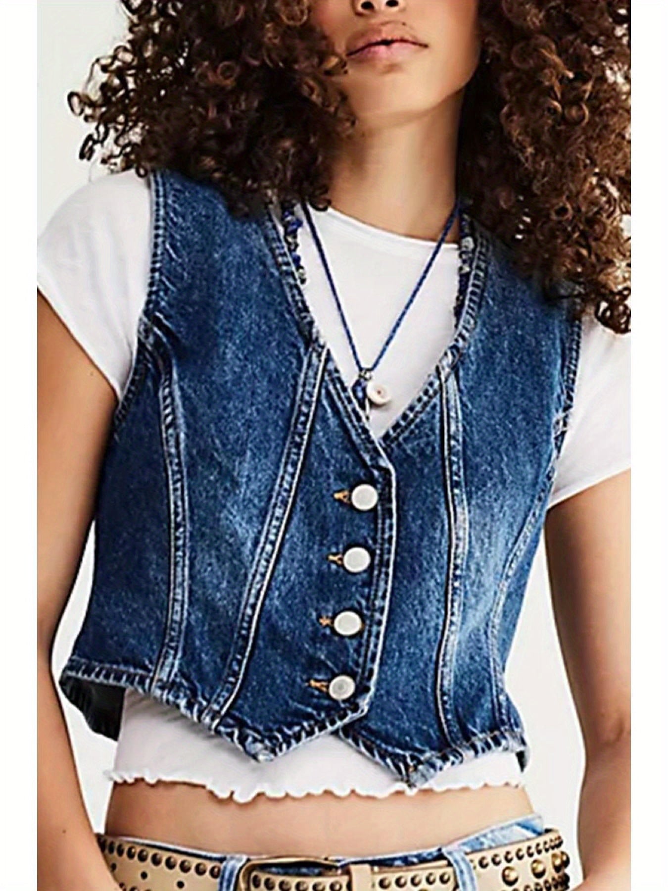 Women's Button-up Denim Vests V-Neck Sleeveless Jean Waistcoat Crop Jacket MyFave Boutique