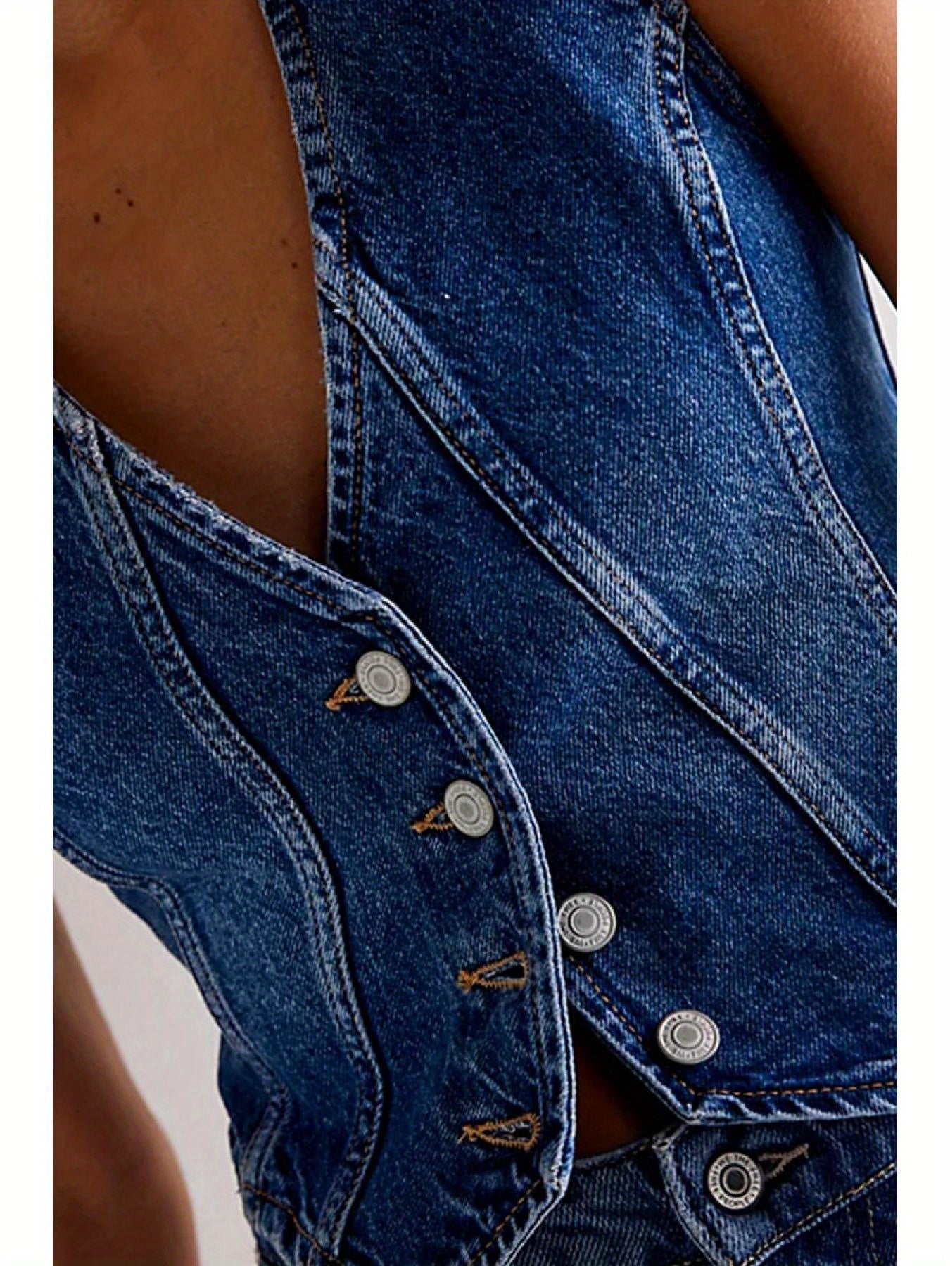 Women's Button-up Denim Vests V-Neck Sleeveless Jean Waistcoat Crop Jacket MyFave Boutique