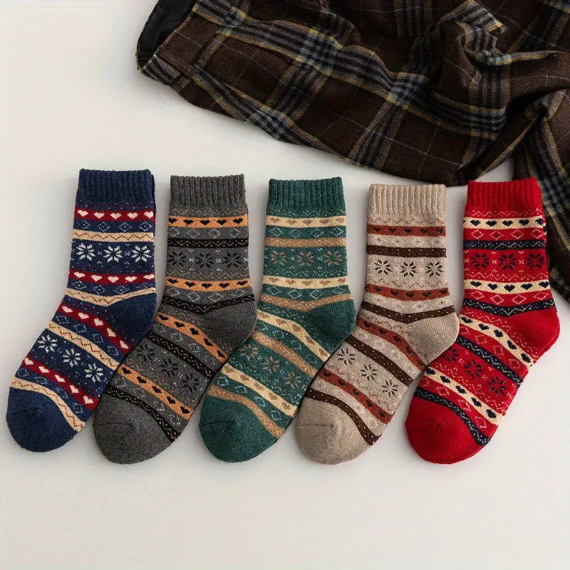 5 Pairs Unisex Snowflake Wool Socks, Ethnic Style Warm Thick Crew Socks for Christmas Gifts, Women's Stockings & Hosiery for Winter MyFave Boutique