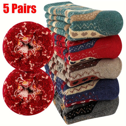 5 Pairs Unisex Snowflake Wool Socks, Ethnic Style Warm Thick Crew Socks for Christmas Gifts, Women's Stockings & Hosiery for Winter MyFave Boutique