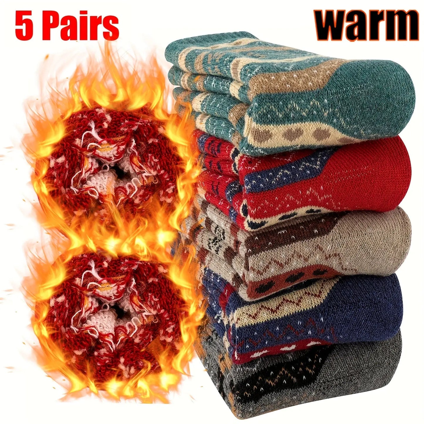 5 Pairs Unisex Snowflake Wool Socks, Ethnic Style Warm Thick Crew Socks for Christmas Gifts, Women's Stockings & Hosiery for Winter MyFave Boutique