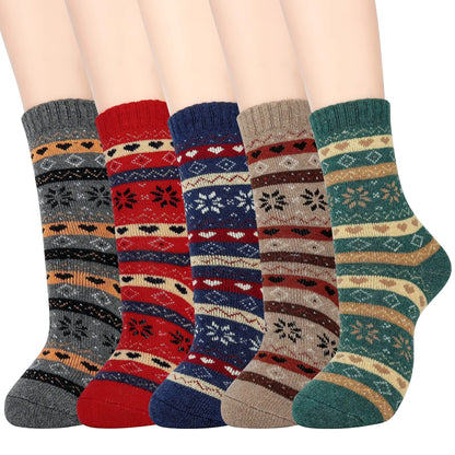 5 Pairs Unisex Snowflake Wool Socks, Ethnic Style Warm Thick Crew Socks for Christmas Gifts, Women's Stockings & Hosiery for Winter MyFave Boutique