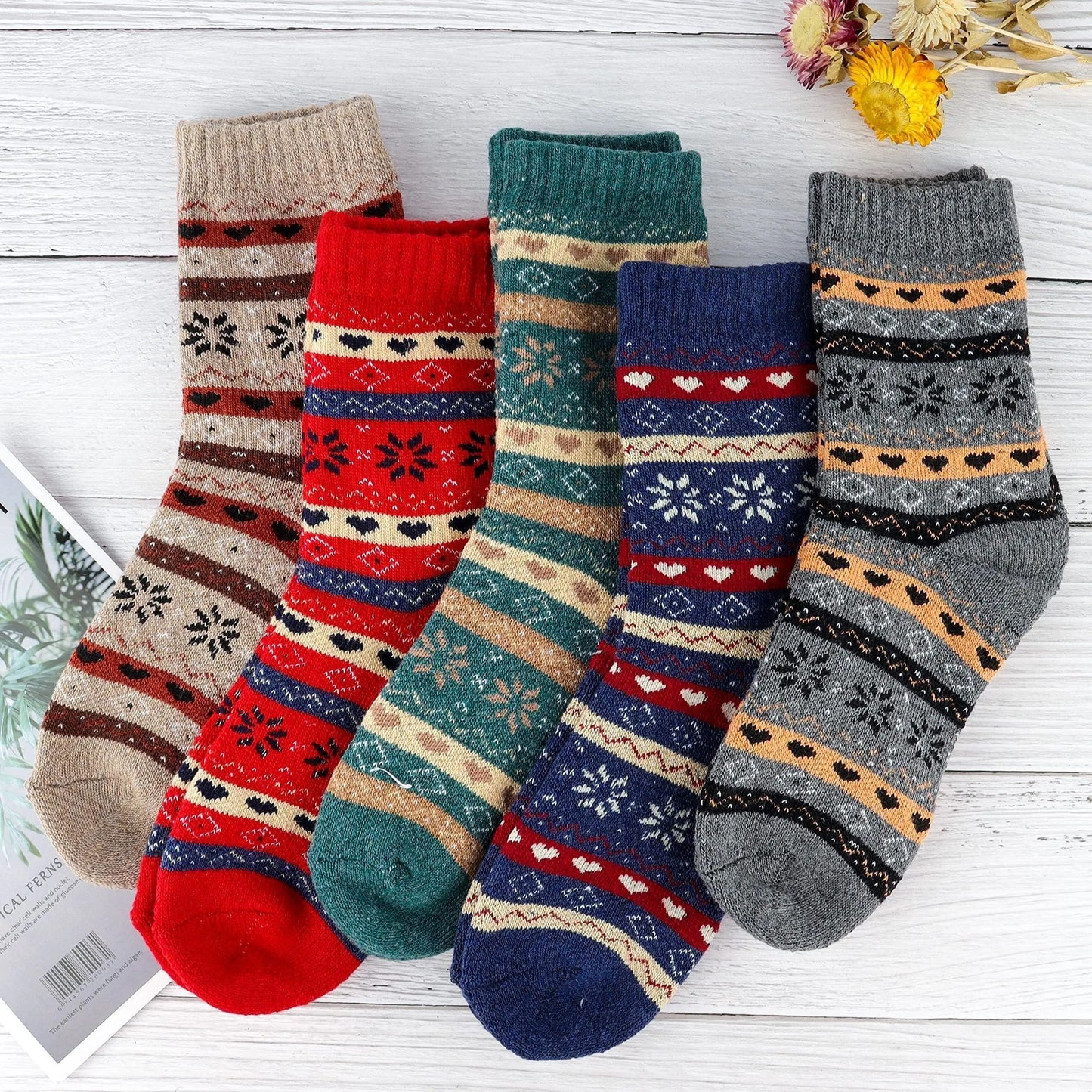 5 Pairs Unisex Snowflake Wool Socks, Ethnic Style Warm Thick Crew Socks for Christmas Gifts, Women's Stockings & Hosiery for Winter MyFave Boutique