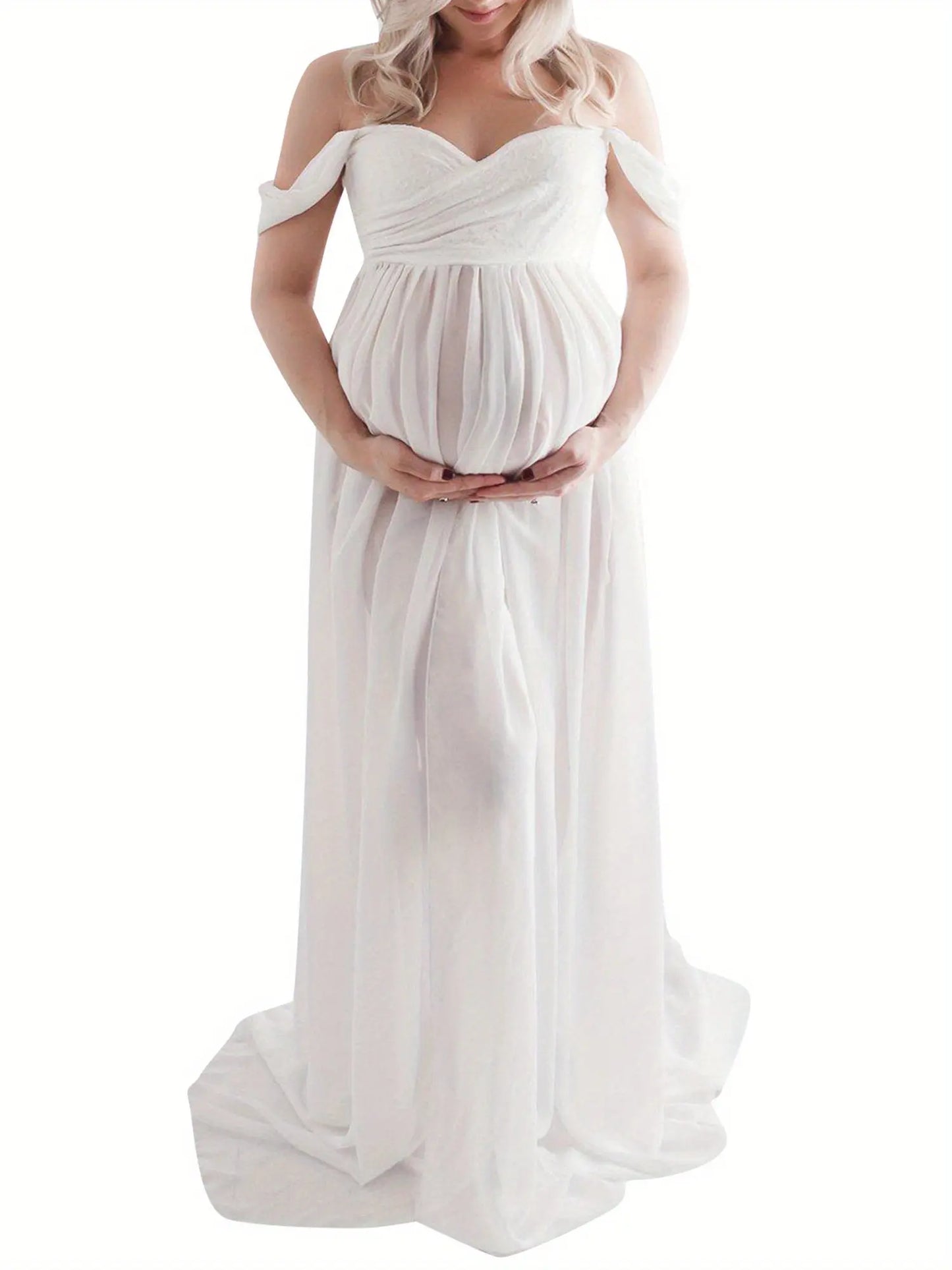 Maternity Photography Dress: Off-Shoulder Chiffon Gown with Front Split, Solid Color - Perfect for Photoshoots during Pregnancy MyFave Boutique