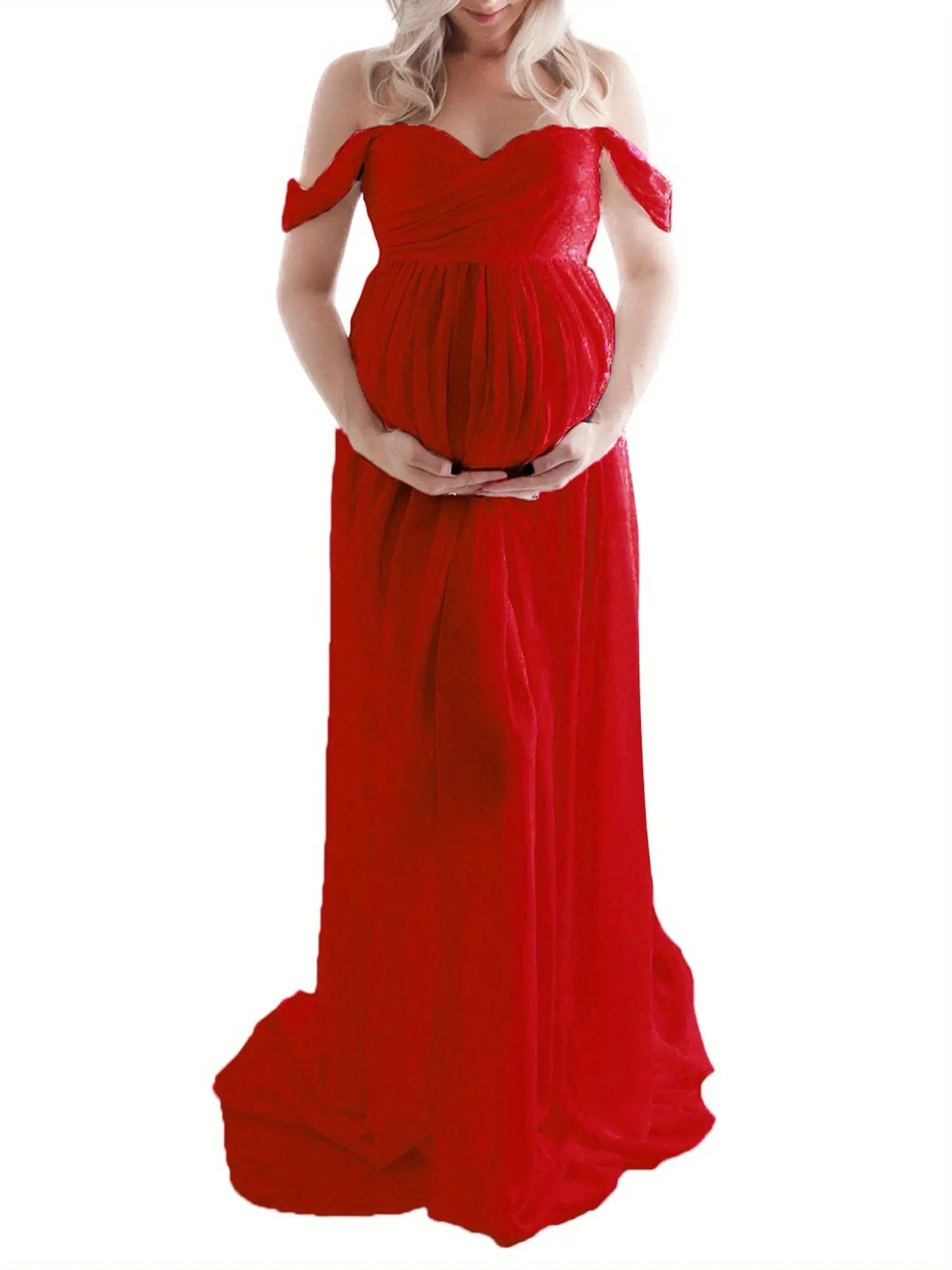 Maternity Photography Dress: Off-Shoulder Chiffon Gown with Front Split, Solid Color - Perfect for Photoshoots during Pregnancy MyFave Boutique