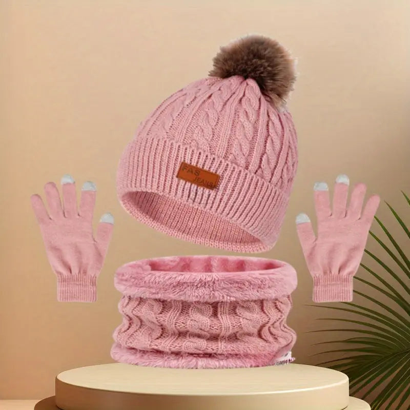 3-in-1 Winter Warmth Bundle: Festive Knit Hat, Scarf, and Gloves for Ladies - Touchscreen Compatible MyFave Boutique