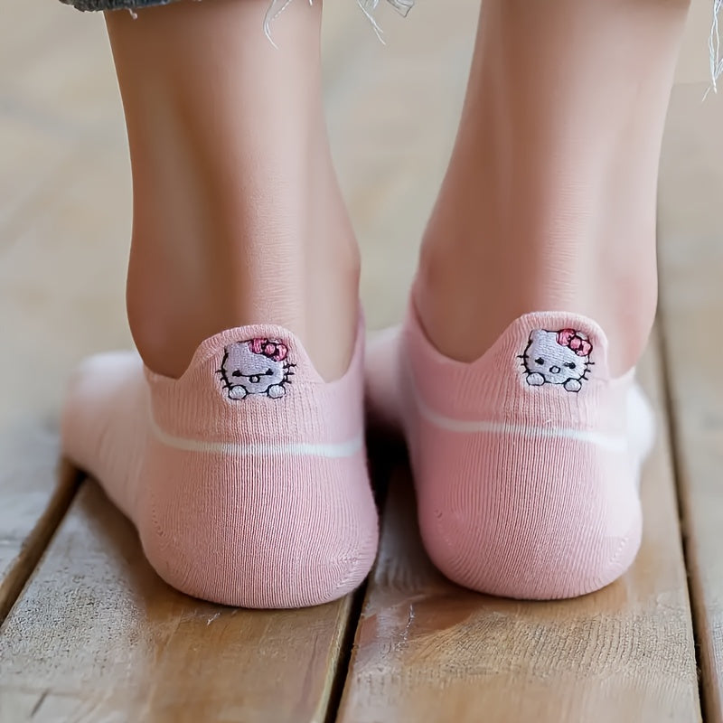 5 Pairs Women's Hello Kitty Low Cut Ankle Footwear - 100% Cotton Knit Fabric, Breathable Animal Themed Casual Wear with Hand Wash Instruction, Invisible Short Design for Everyday Comfort MyFave Boutique