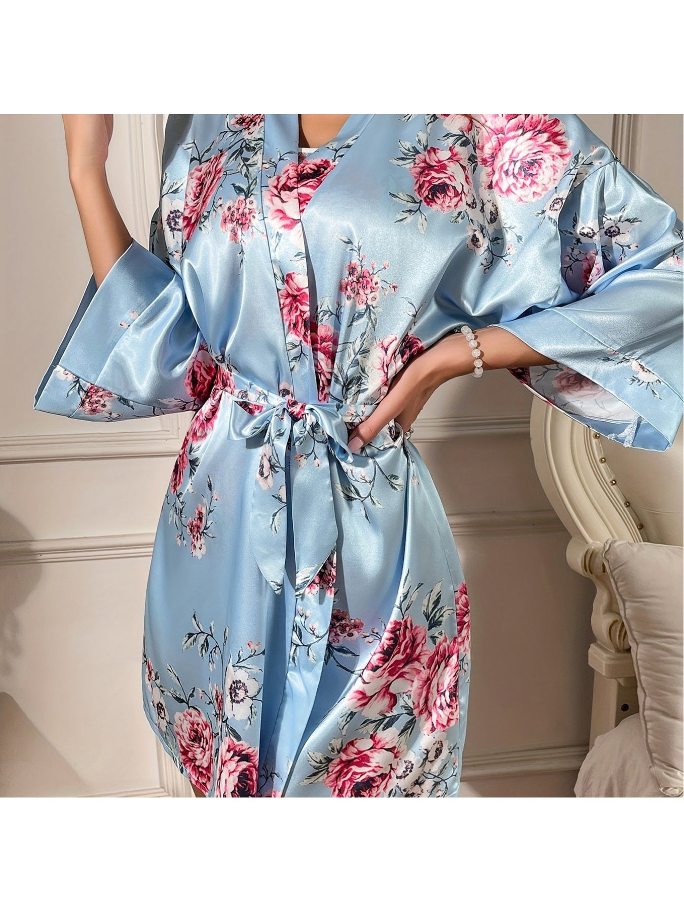 2024 Autumn New Style Floral Print Nightgown, Long Sleeve V-neck Nightgown with Belt, Women's Comfortable Pajamas MyFave Boutique