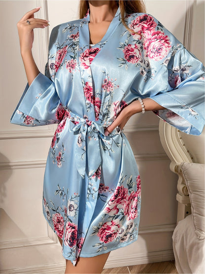 2024 Autumn New Style Floral Print Nightgown, Long Sleeve V-neck Nightgown with Belt, Women's Comfortable Pajamas MyFave Boutique