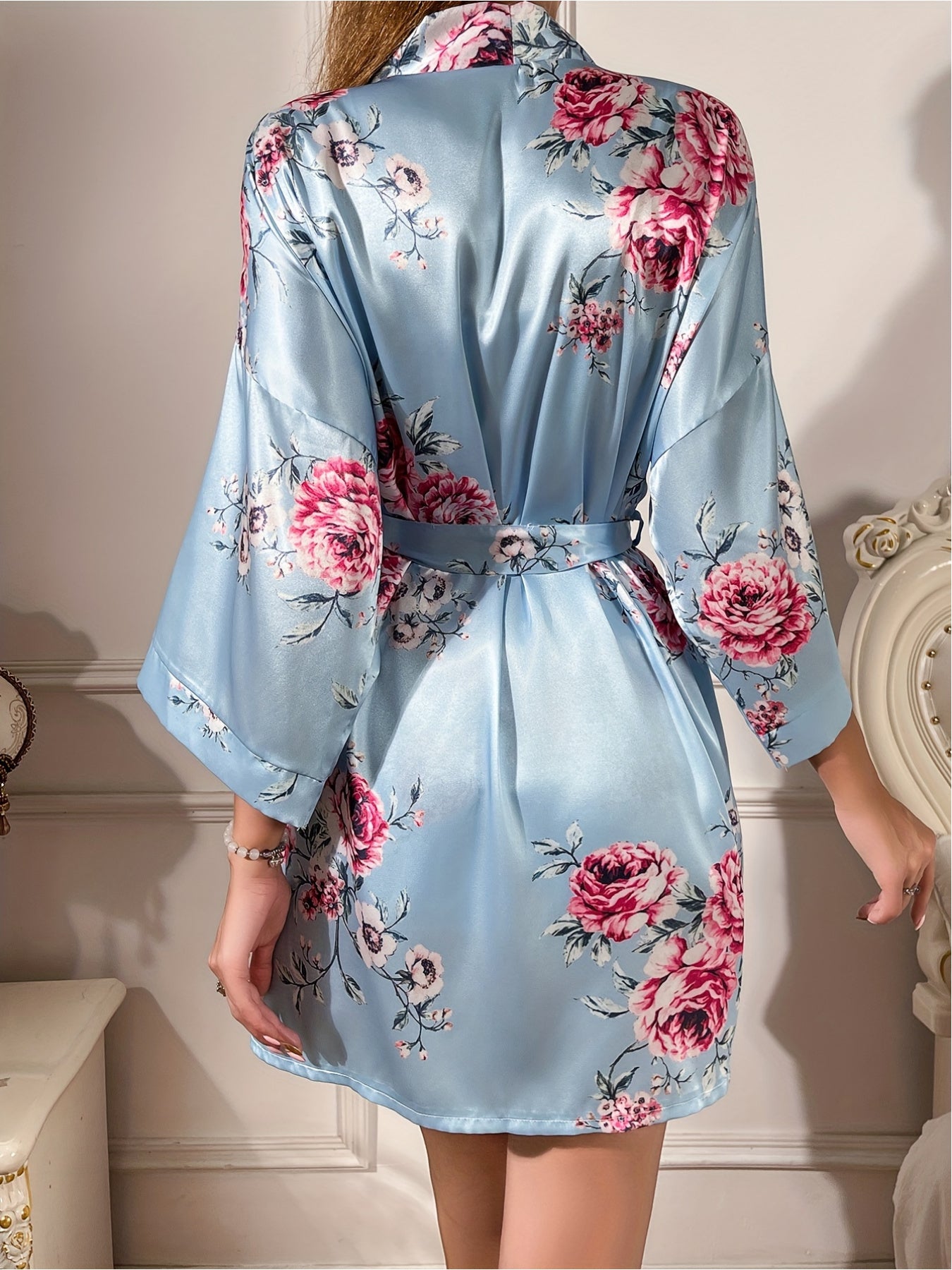 2024 Autumn New Style Floral Print Nightgown, Long Sleeve V-neck Nightgown with Belt, Women's Comfortable Pajamas MyFave Boutique