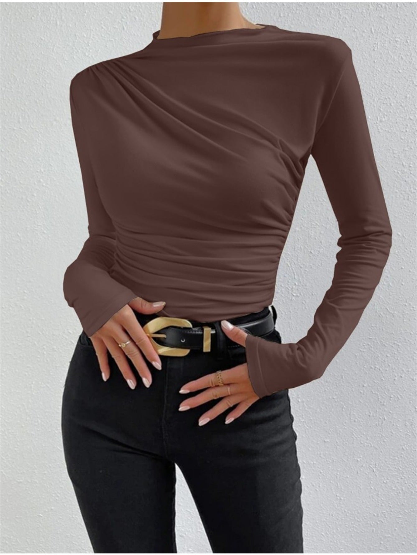 Stylish Women's Ruched Wrap Blouse with Mock Neck - Slim Fit, Long Sleeves, Dressy Pleated Design for Going Out and Parties MyFave Boutique